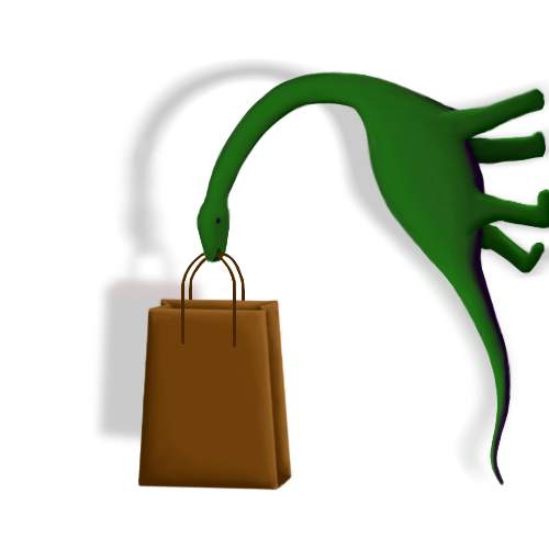 A tiny green long necked dinosaur holding a shopping bag in its mouth. It appears to be climbing the right side of the screen.